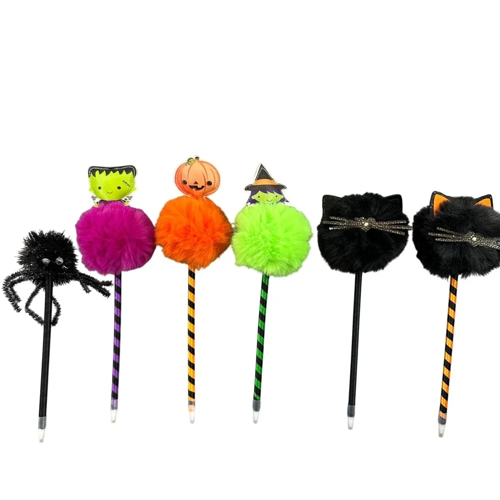 Halloween Bundle 6 Fluffy Pom Pom‎ Pens & Black Cat Furry Trick or Treat Bag Set